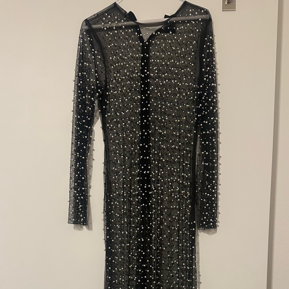 Mesh Elegant Black Pearl-Embellished Dress